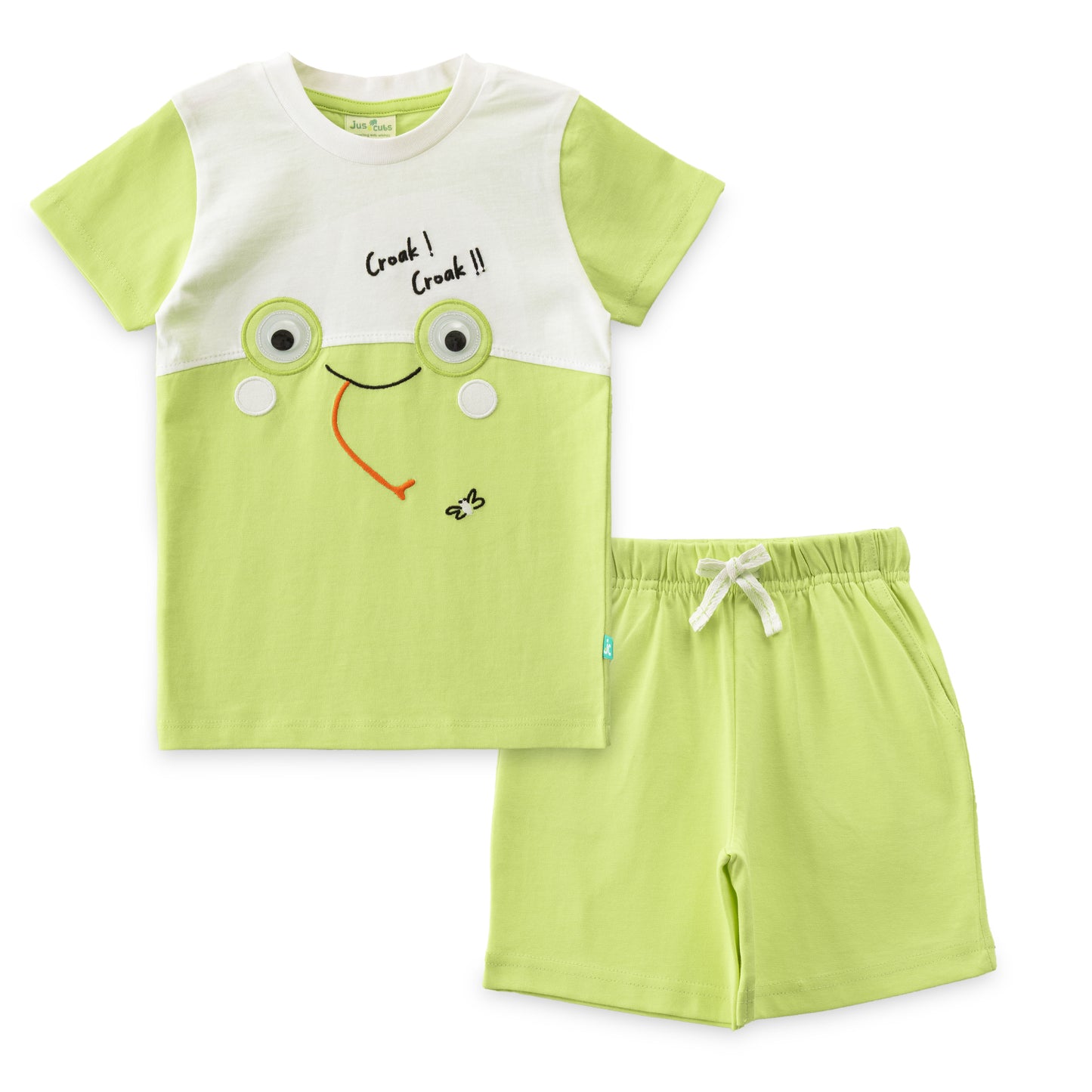 "Baby Boys Green Frog Print T-Shirt & Shorts Set with Googly Eyes – Cotton Co-Ord Set"