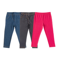"Girls' Cotton Blend Jeggings - Pack of 3 (Navy Blue, Black, Dark Fushia ) - Soft, Stretchable & Everyday Wear"