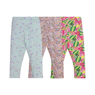 "Girls' Printed Cotton Leggings - Pack of 3 (Floral & Fruit Designs)"