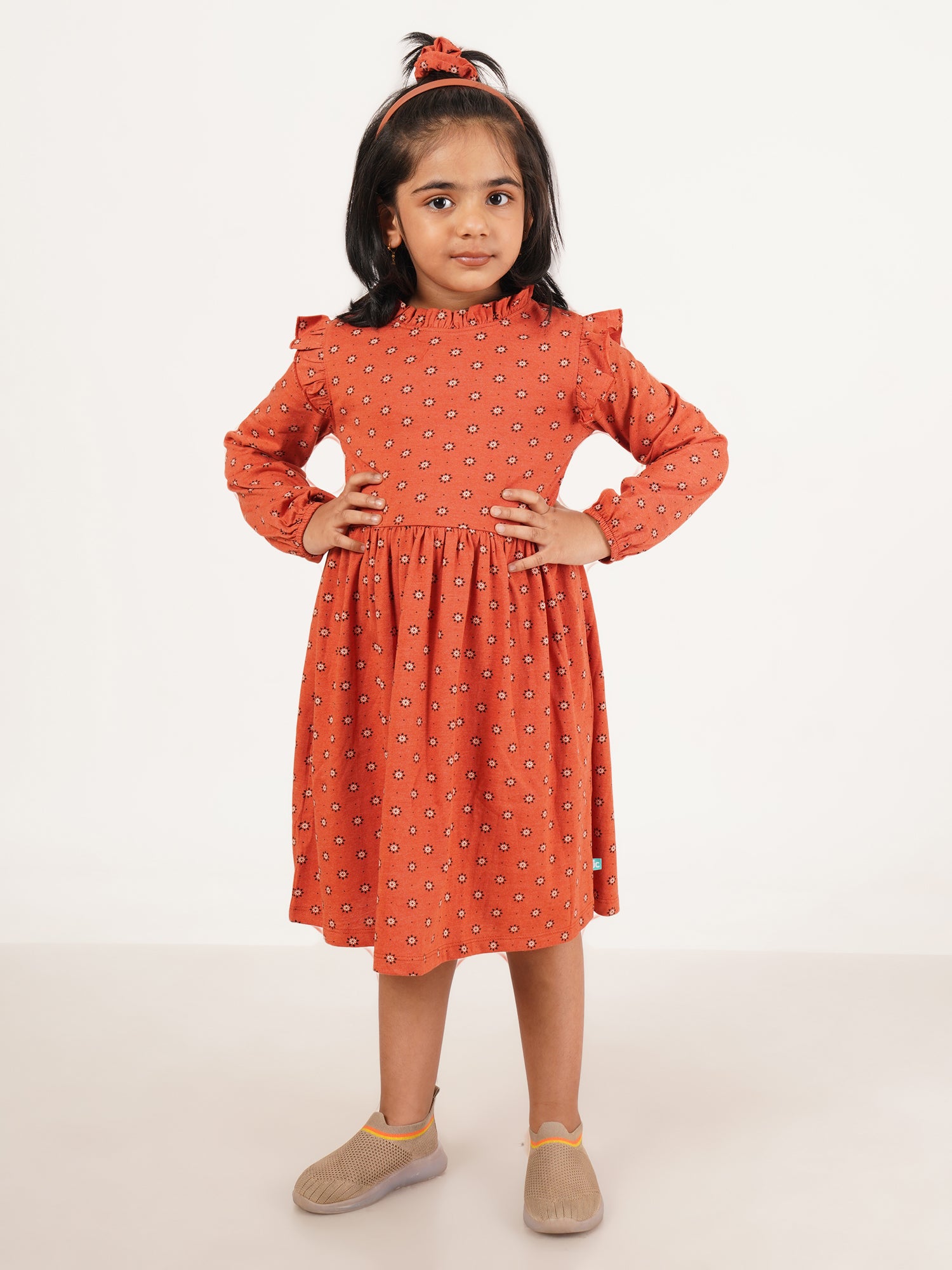 Young Girls All Over Printed Knee Length Fit & Flare Dress