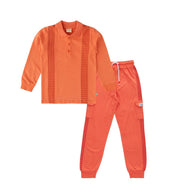 "Boys' Matching Polo T-Shirt and Jogger Set – Orange Hound's-tooth Panel Design – Cotton Loungewear Outfit"