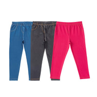 "Girls' Cotton Jeggings - Pack of 3 (Blue, Black, Dark Fushia) - Soft & Stretchable Everyday Wear"