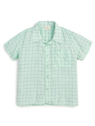 "Boys' Short Sleeve Cotton Shirt – Mint Green with Checkered Pattern"