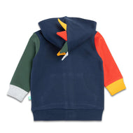 "Boys' Dino-Themed Colorblock Zip-Up Hoodie with 3D Spikes and Front Pockets"