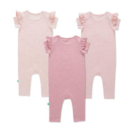 "Baby Girls' Pink Ruffle Sleeve Romper Set – 3-Pack, Dino, Elephant & Animal Prints"