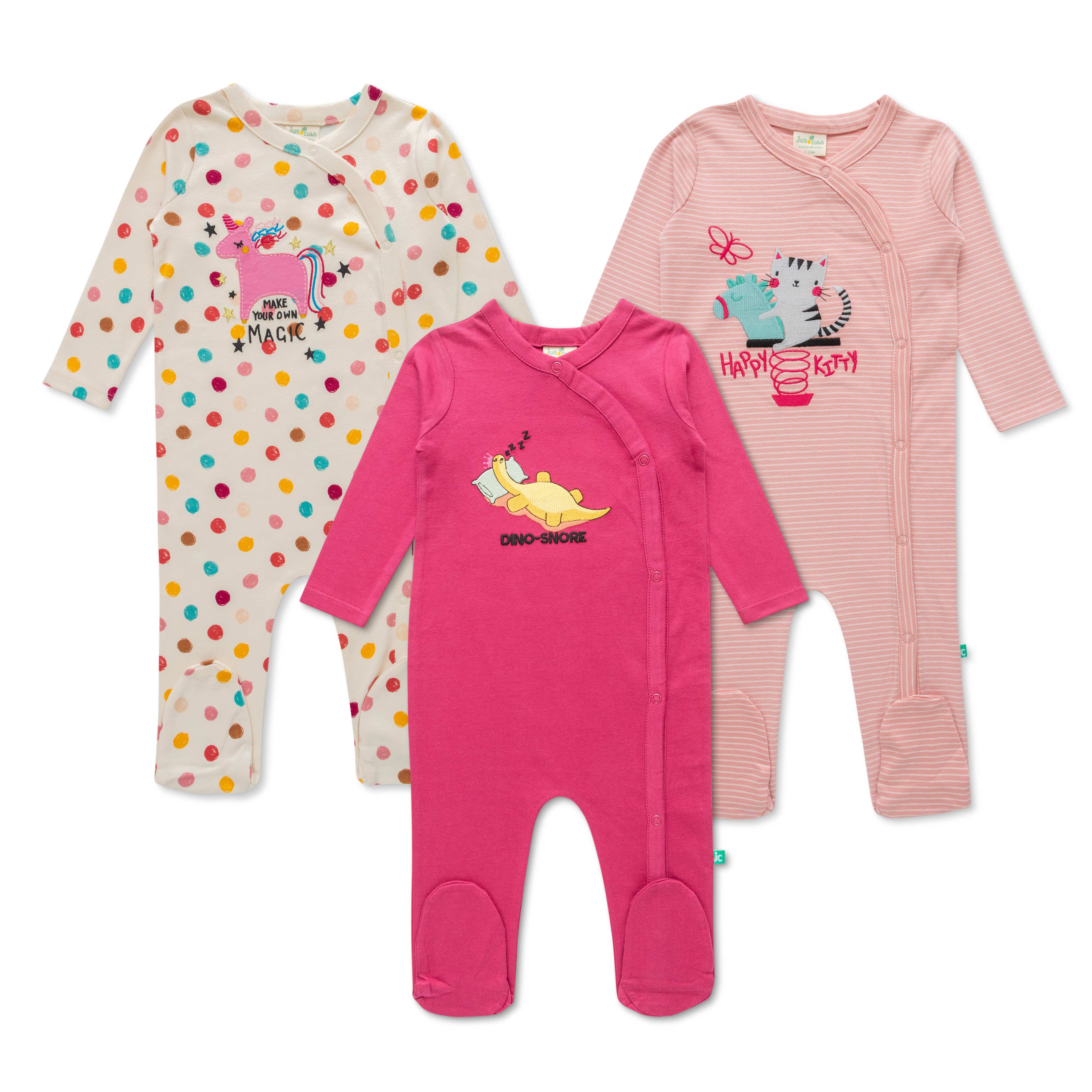 Full Sleeve Printed AOP Solid Stripe & Embroidery Romper Pack of 3