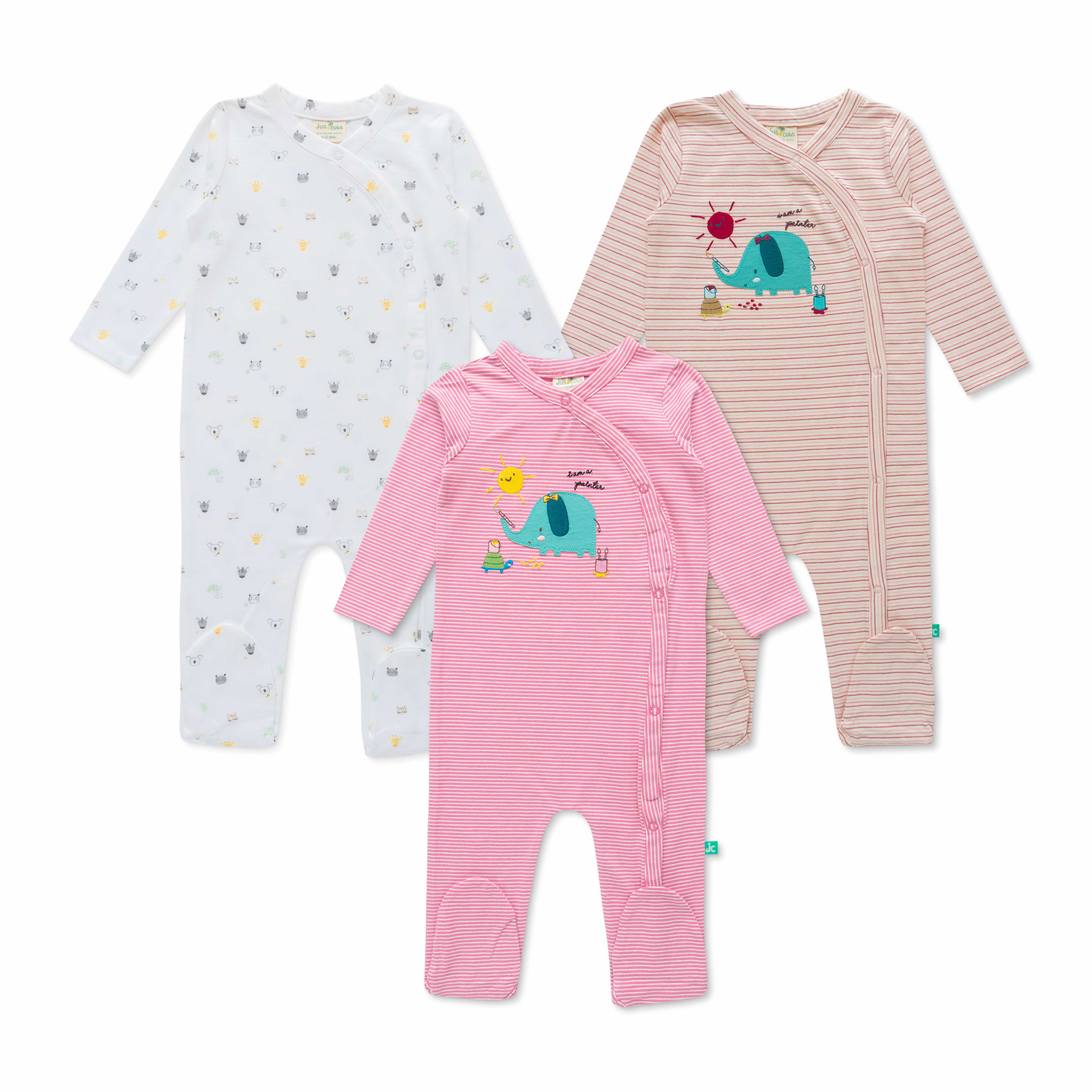 Full Sleeve Printed AOP Solid Stripe & Embroidery Romper Pack of 3