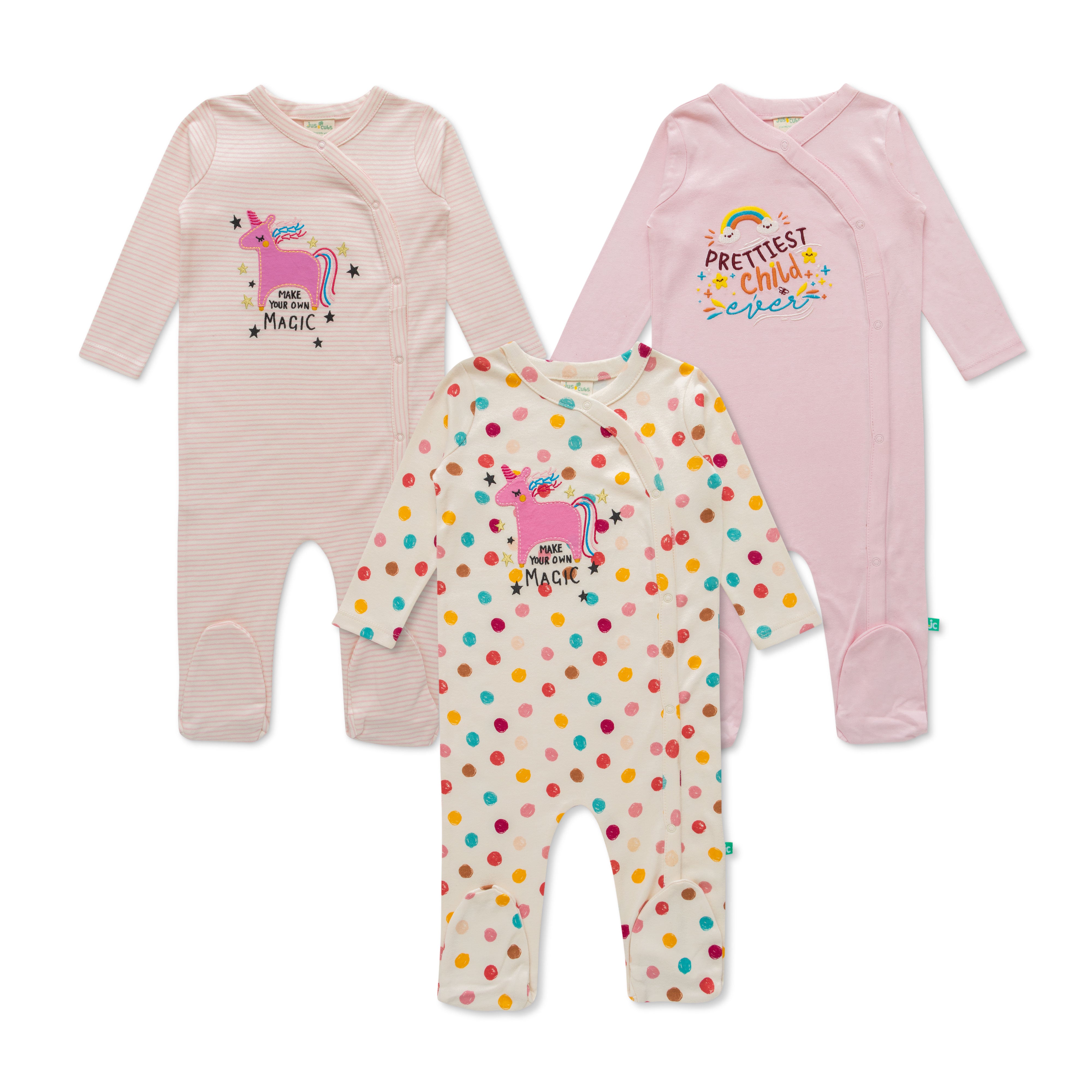 Full Sleeve Printed AOP Solid Stripe & Embroidery Romper Pack of 3