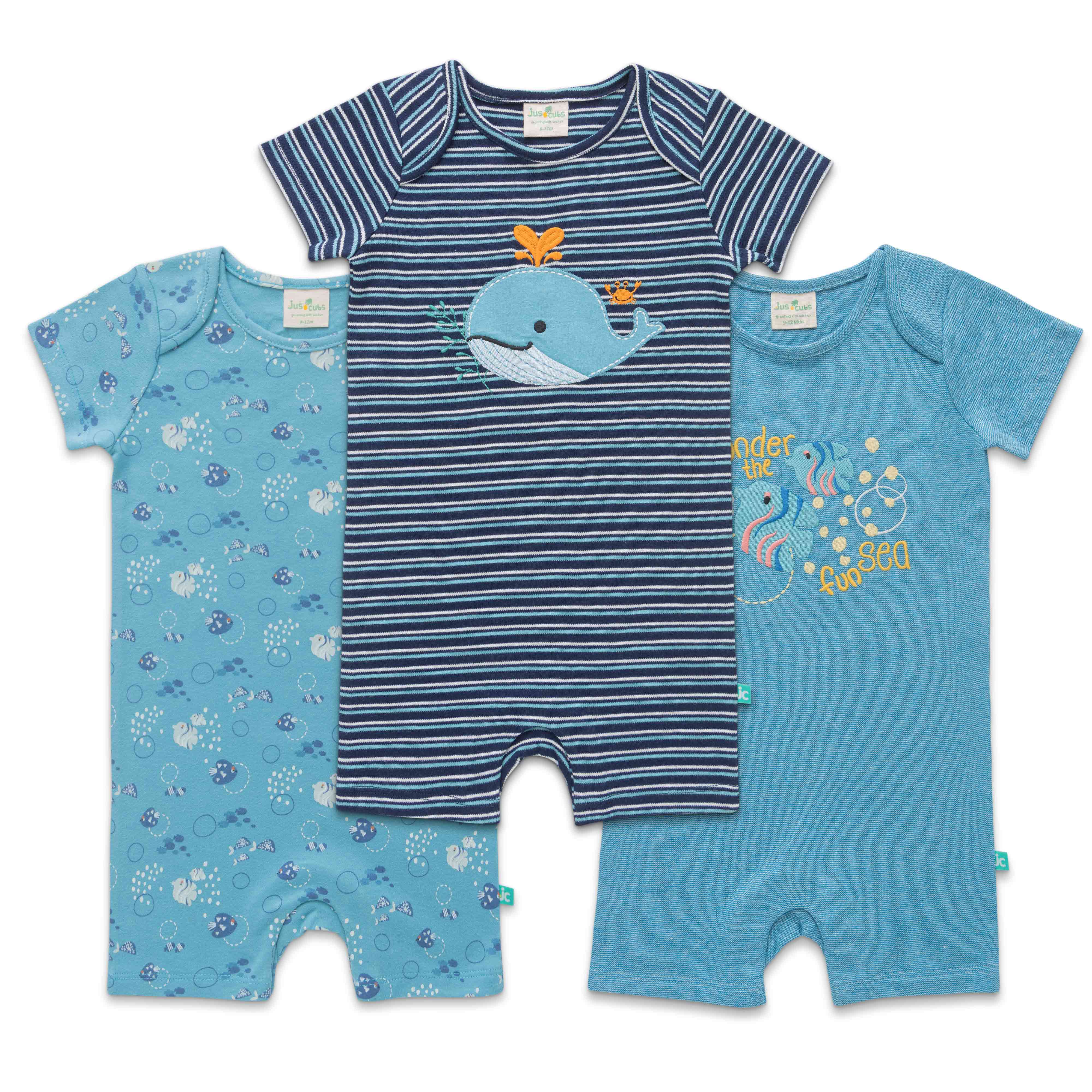 Half Sleeve Sea Theme Printed & Embroidery Romper Pack of 3