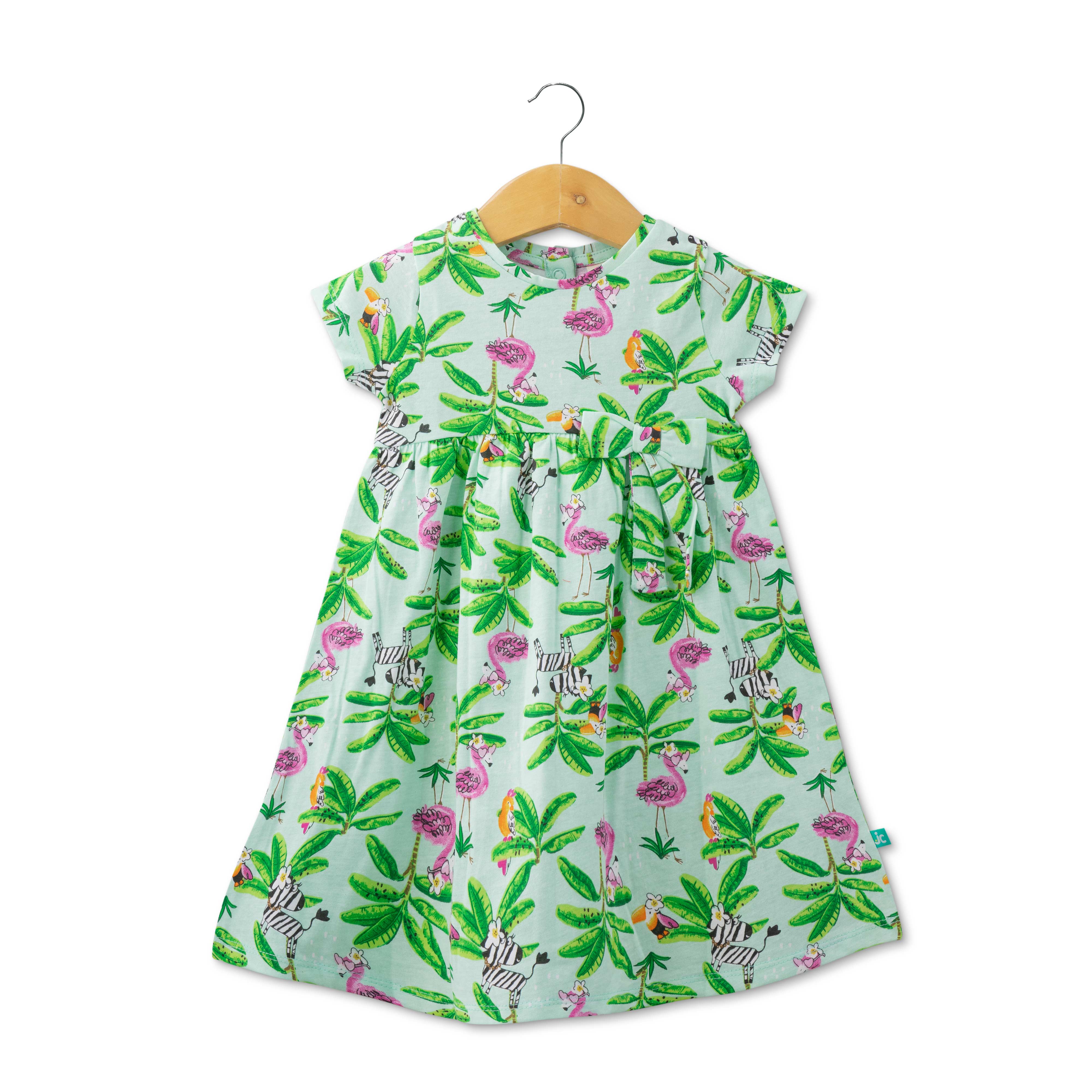 Baby Girls Birds & Animals Printed Below Knee Casual Dress - Green
