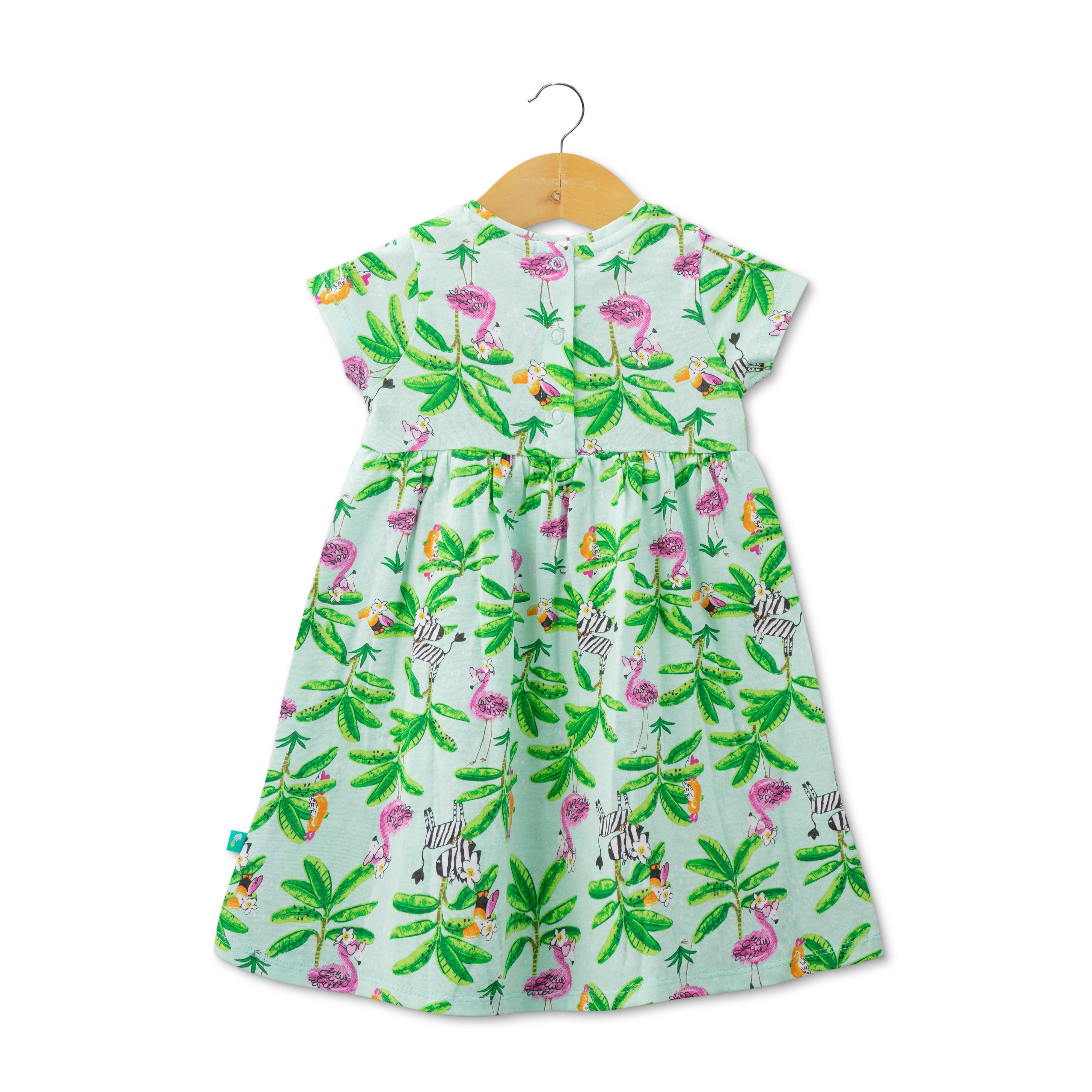 Baby Girls Birds & Animals Printed Below Knee Casual Dress - Green