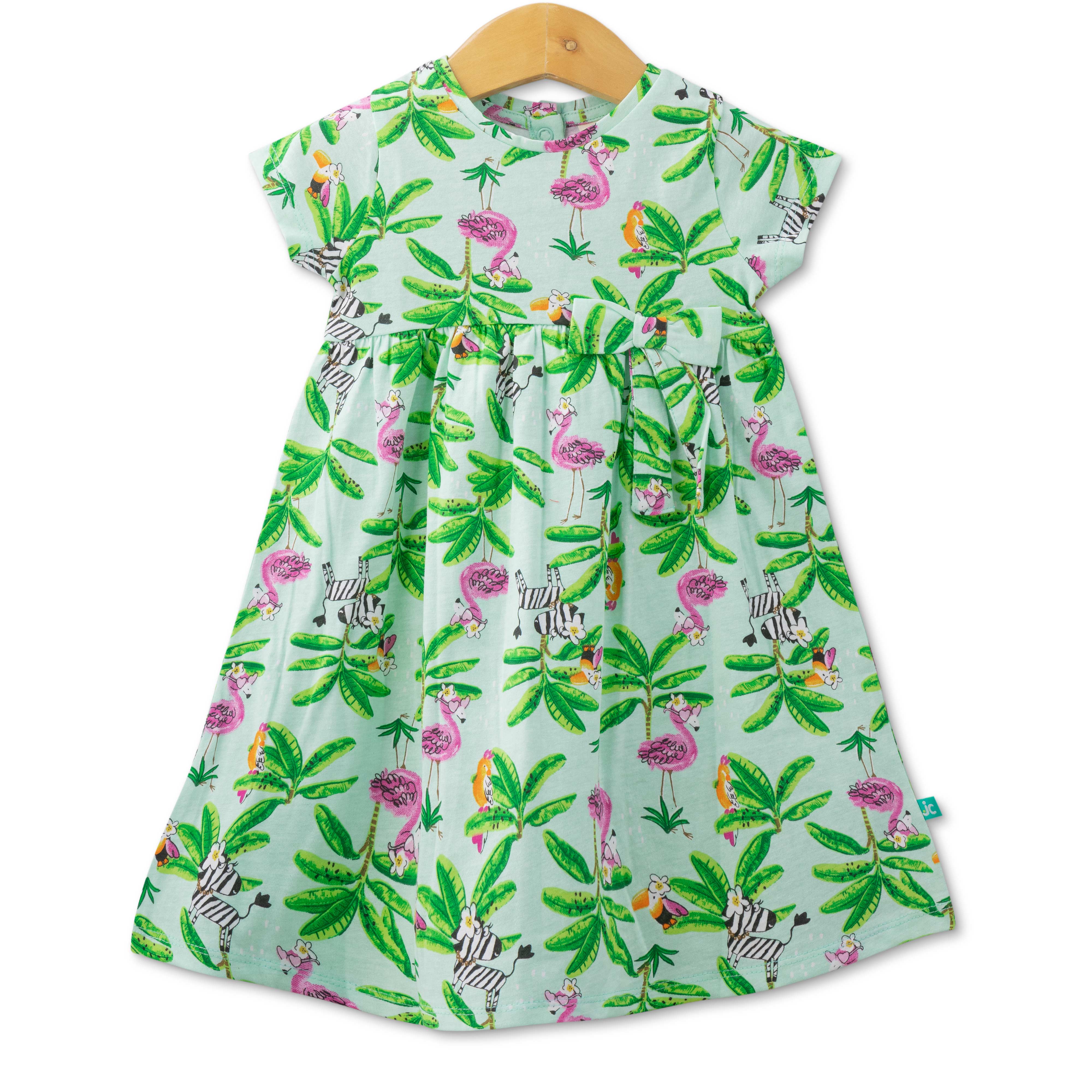 Baby Girls Birds & Animals Printed Below Knee Casual Dress - Green