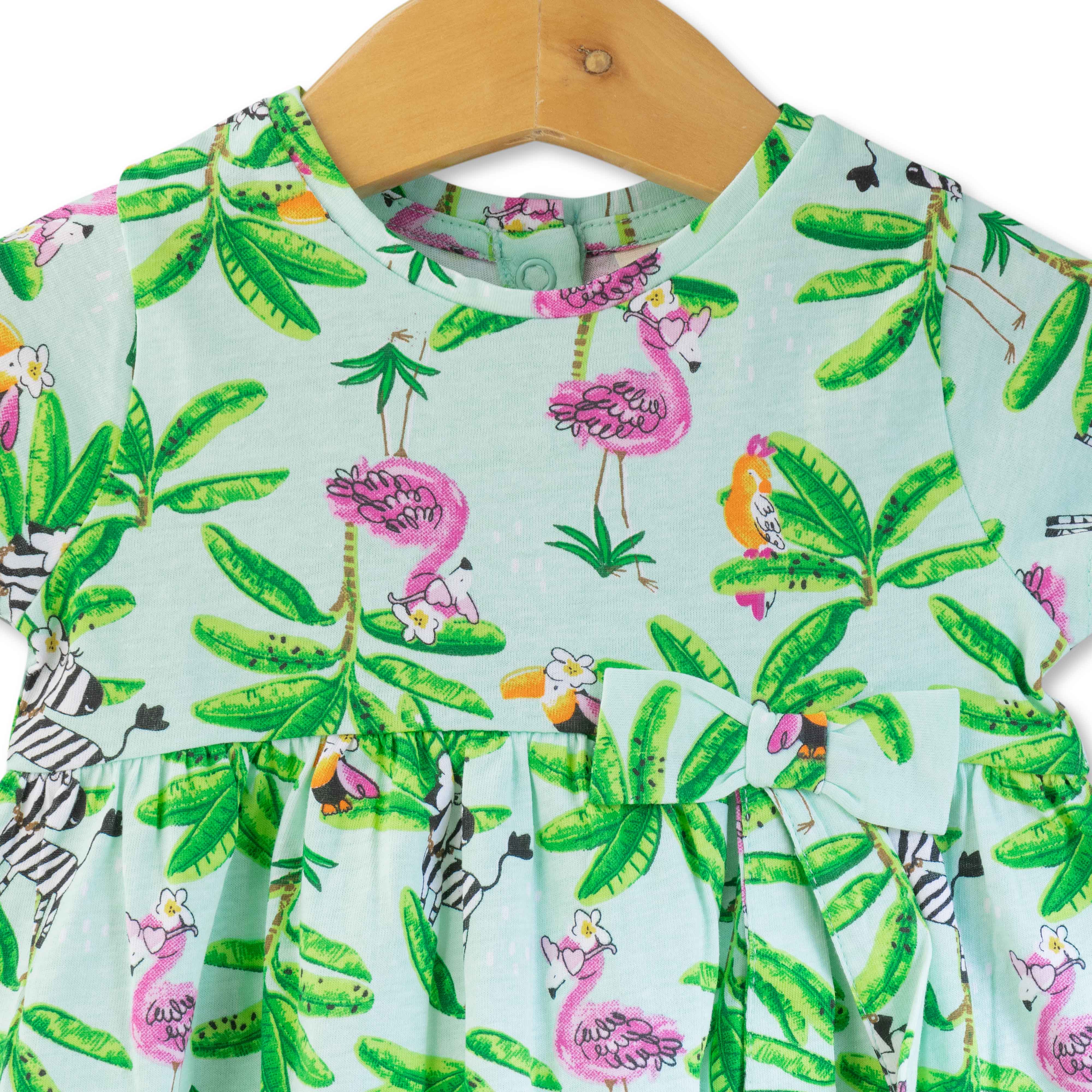 Baby Girls Birds & Animals Printed Below Knee Casual Dress - Green