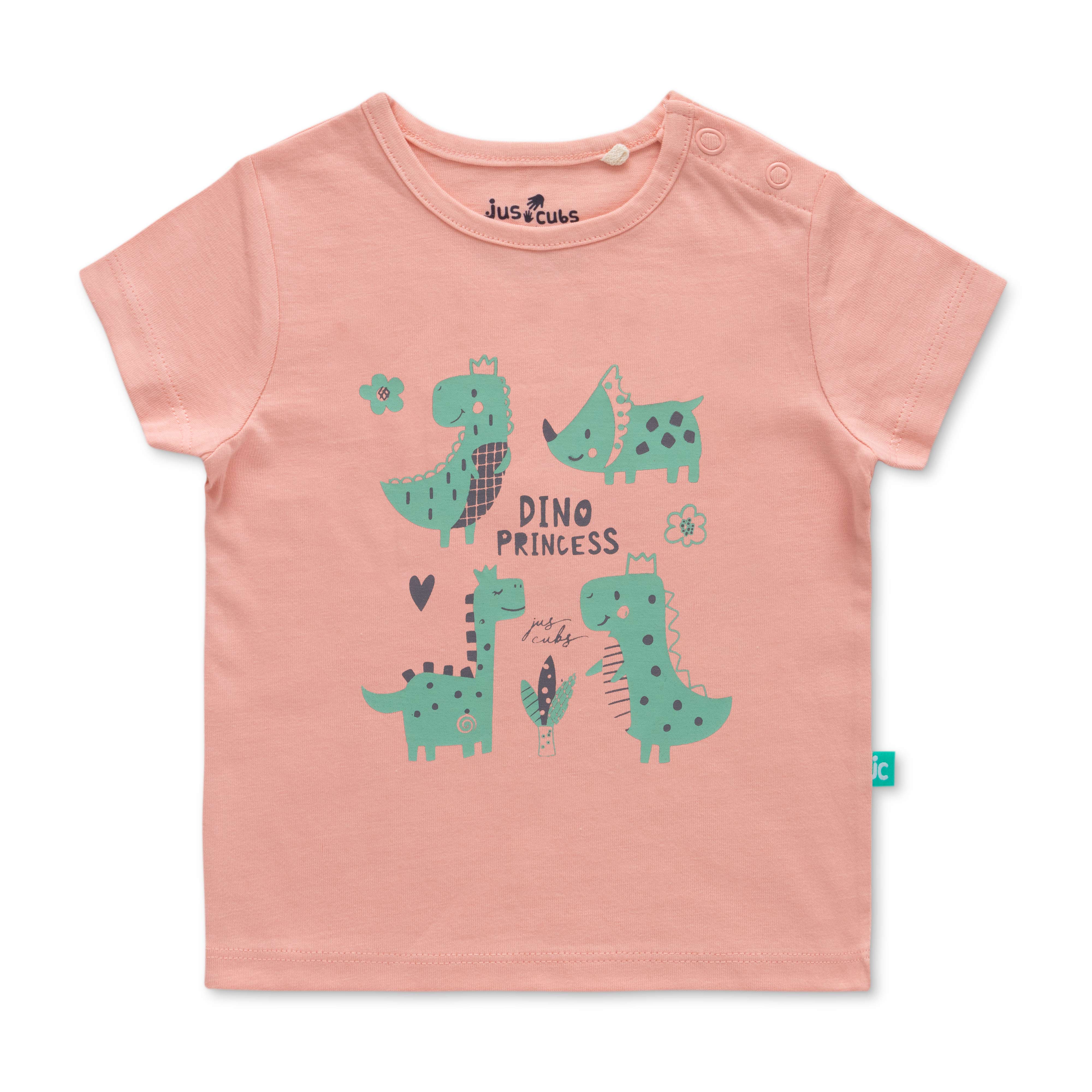 Infant Girls Dino Princess Printed Pure Cotton T-shirt with Shorts- Pink