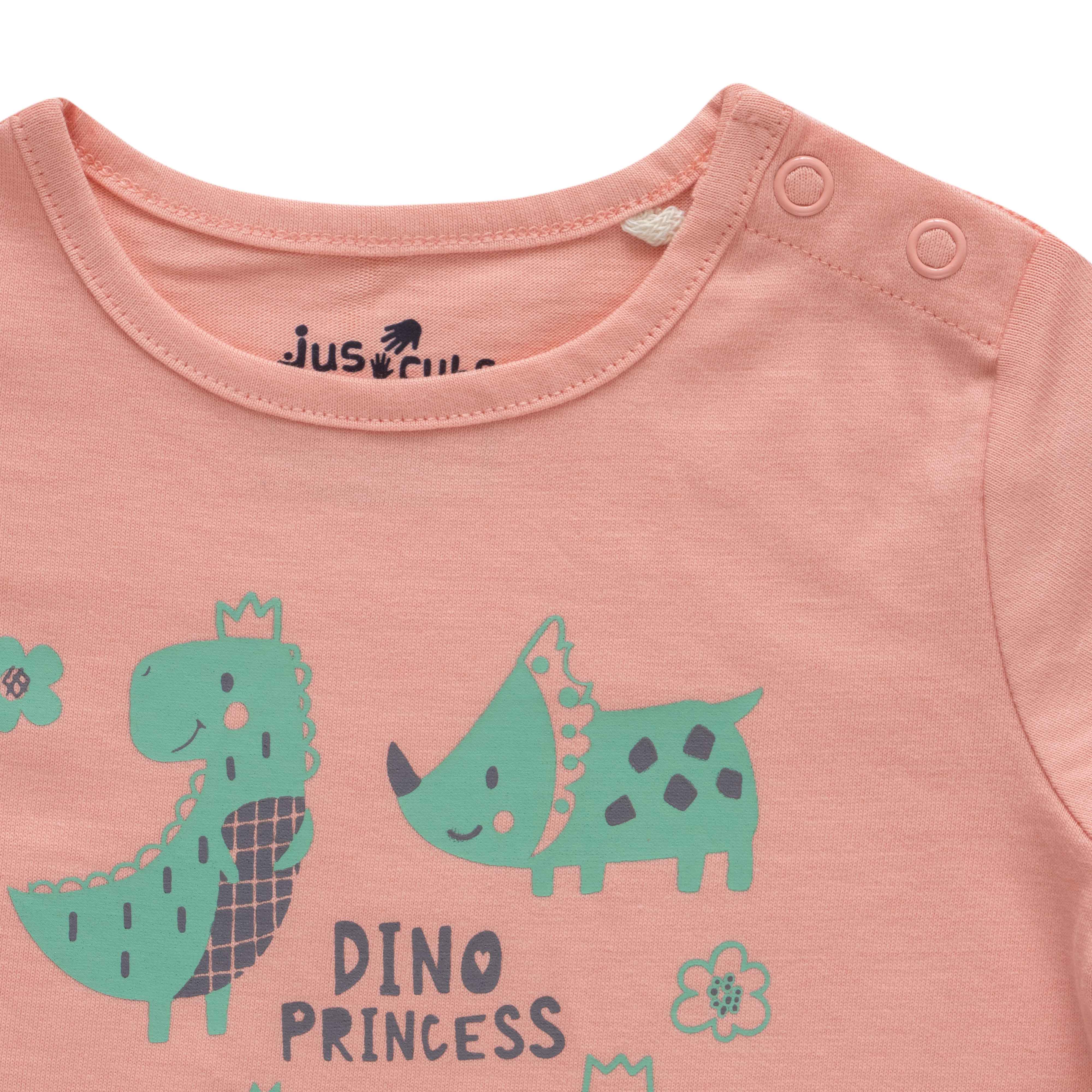 Infant Girls Dino Princess Printed Pure Cotton T-shirt with Shorts- Pink