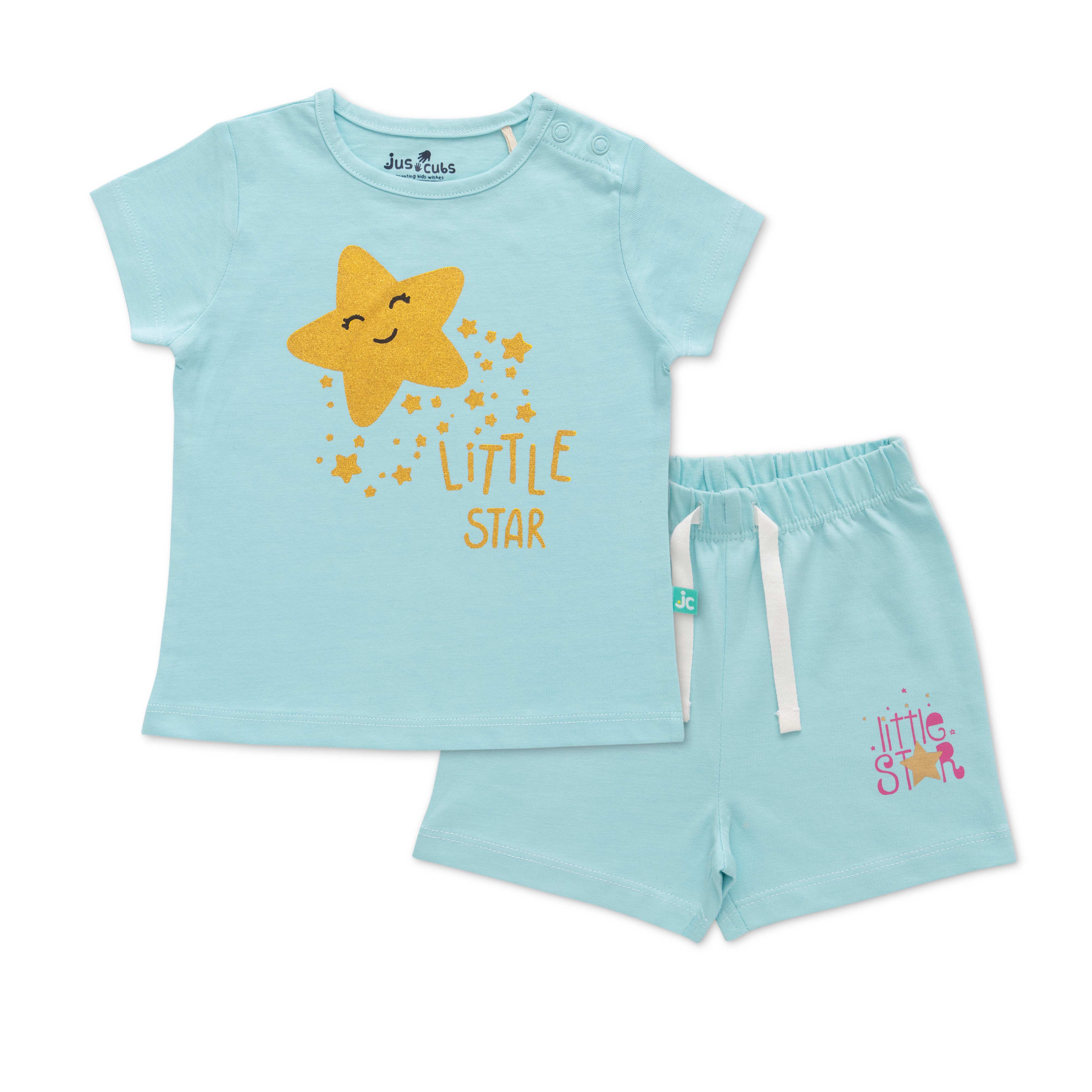 Infant Girls Striped Pure Cotton T-shirt with Shorts- Blue
