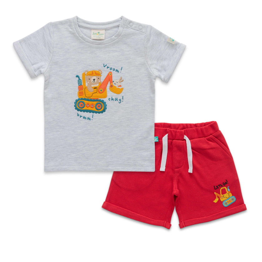 "Baby Boys' Construction Vehicle Print T-Shirt and Shorts Set – Grey & Red"
