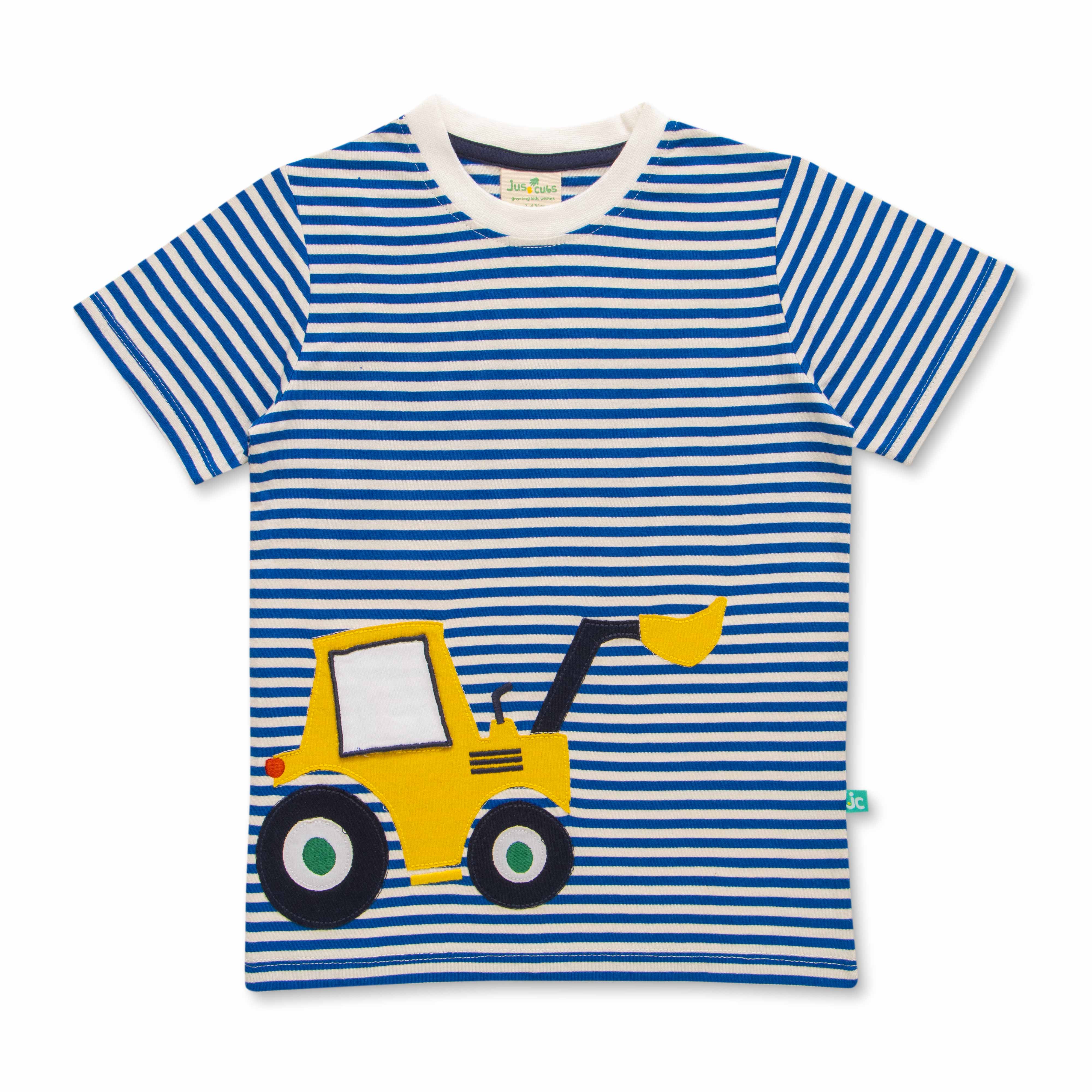Boys Blue Stripes with Digger Patch work Half Sleeve Bio Washed T-shirts - Blue & Red