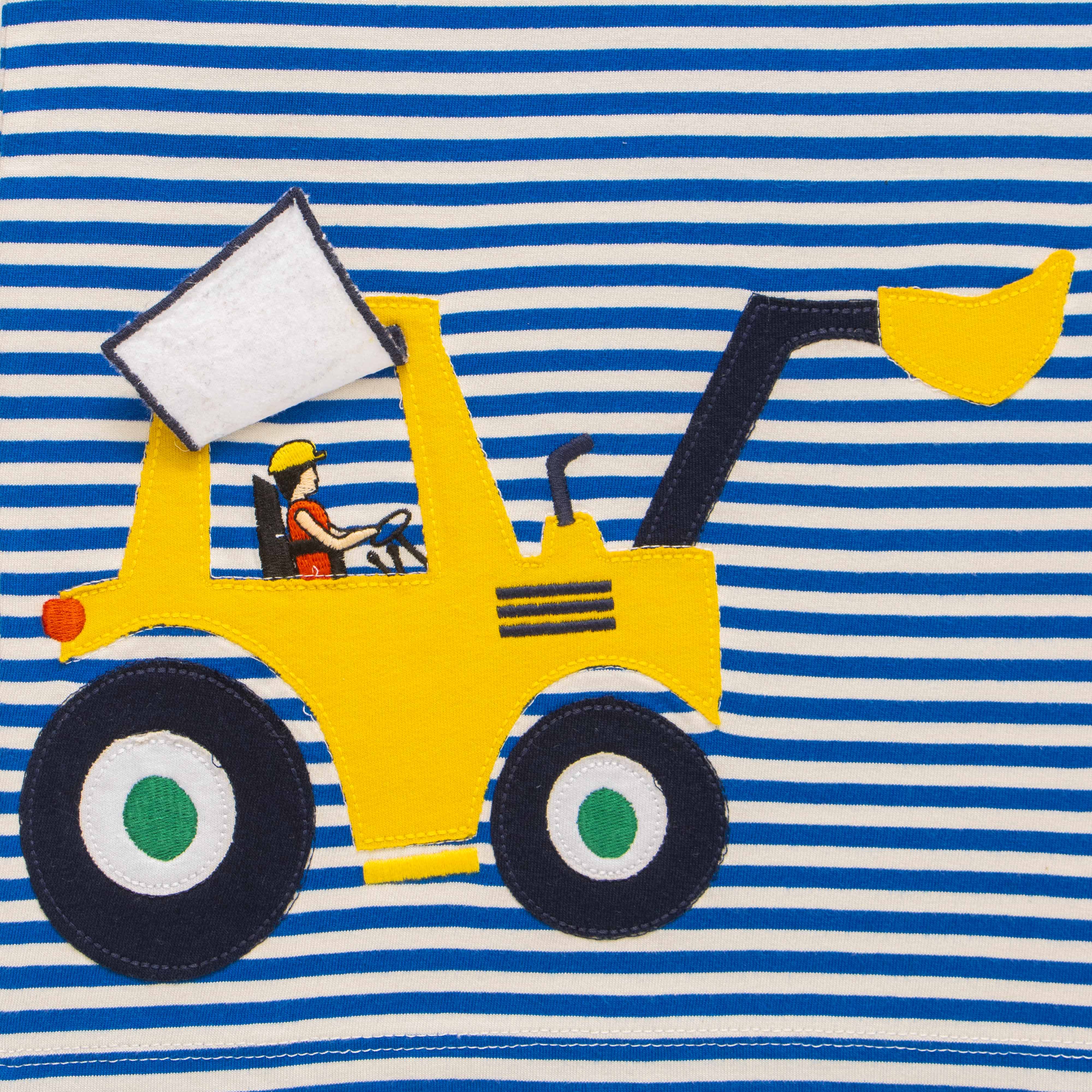 Boys Blue Stripes with Digger Patch work Half Sleeve Bio Washed T-shirts - Blue & Red