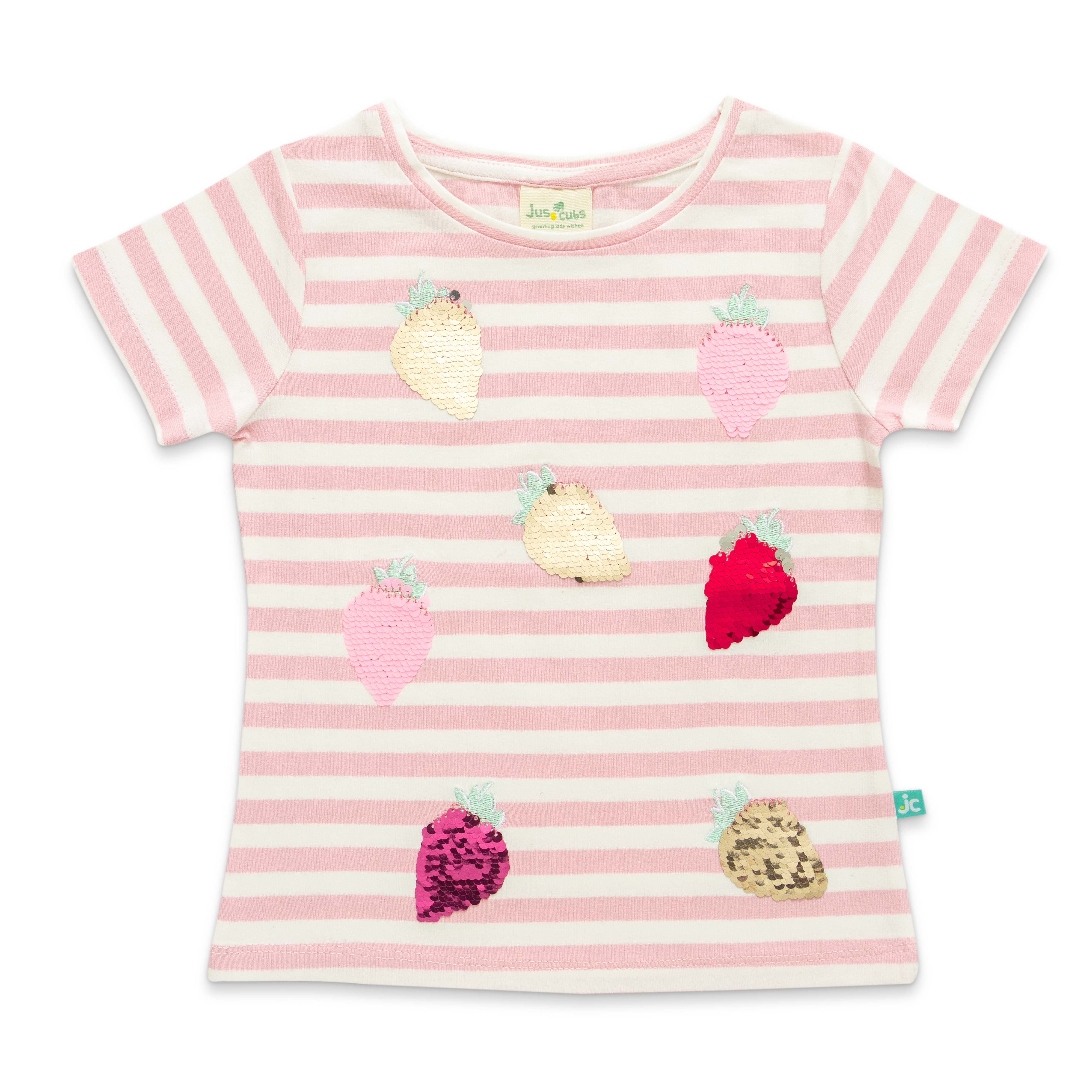 Girls Sequence All Over Strawberry Work Half sleeve Bio-Washed T-Shirt - Pink & Blue
