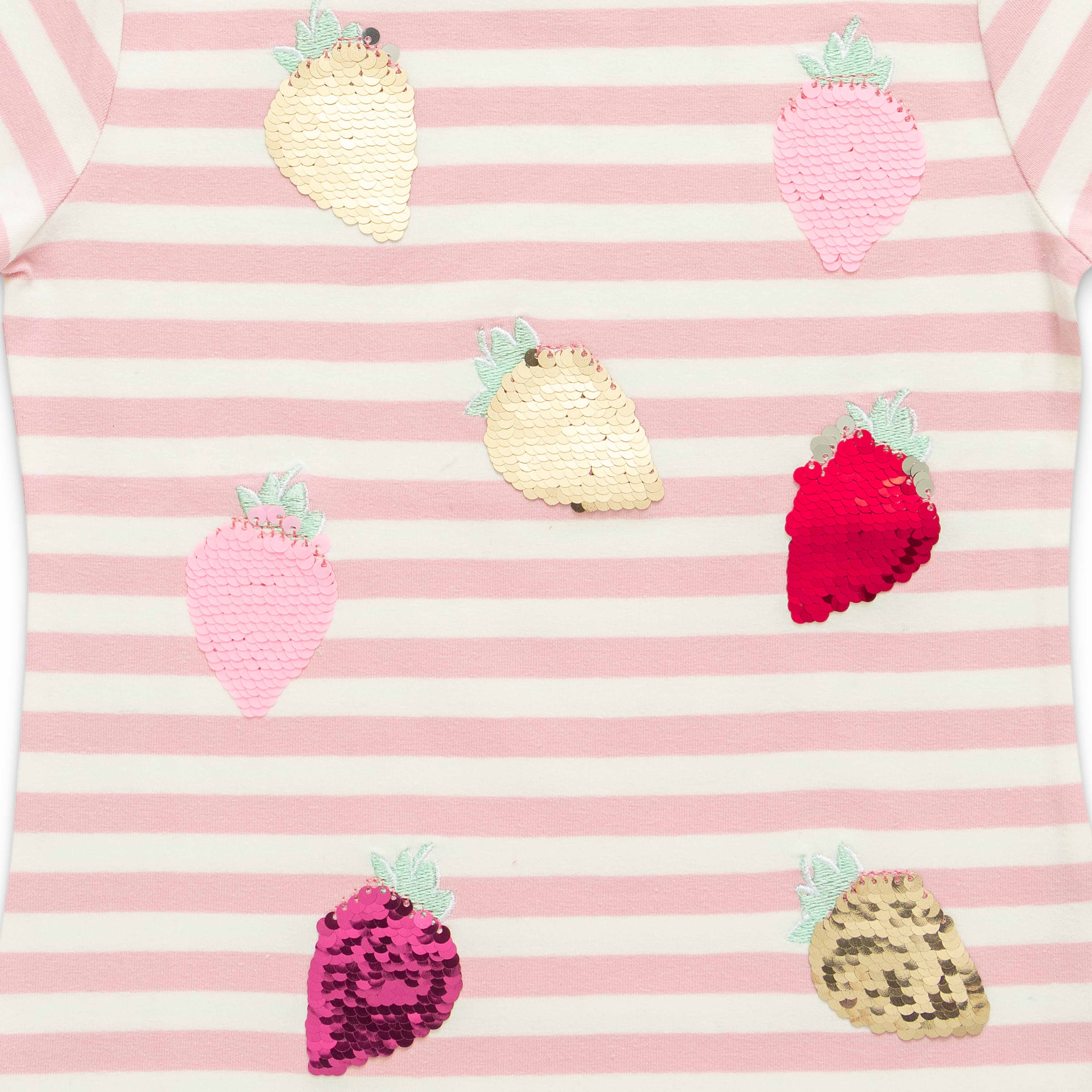 Girls Sequence All Over Strawberry Work Half sleeve Bio-Washed T-Shirt - Pink & Blue