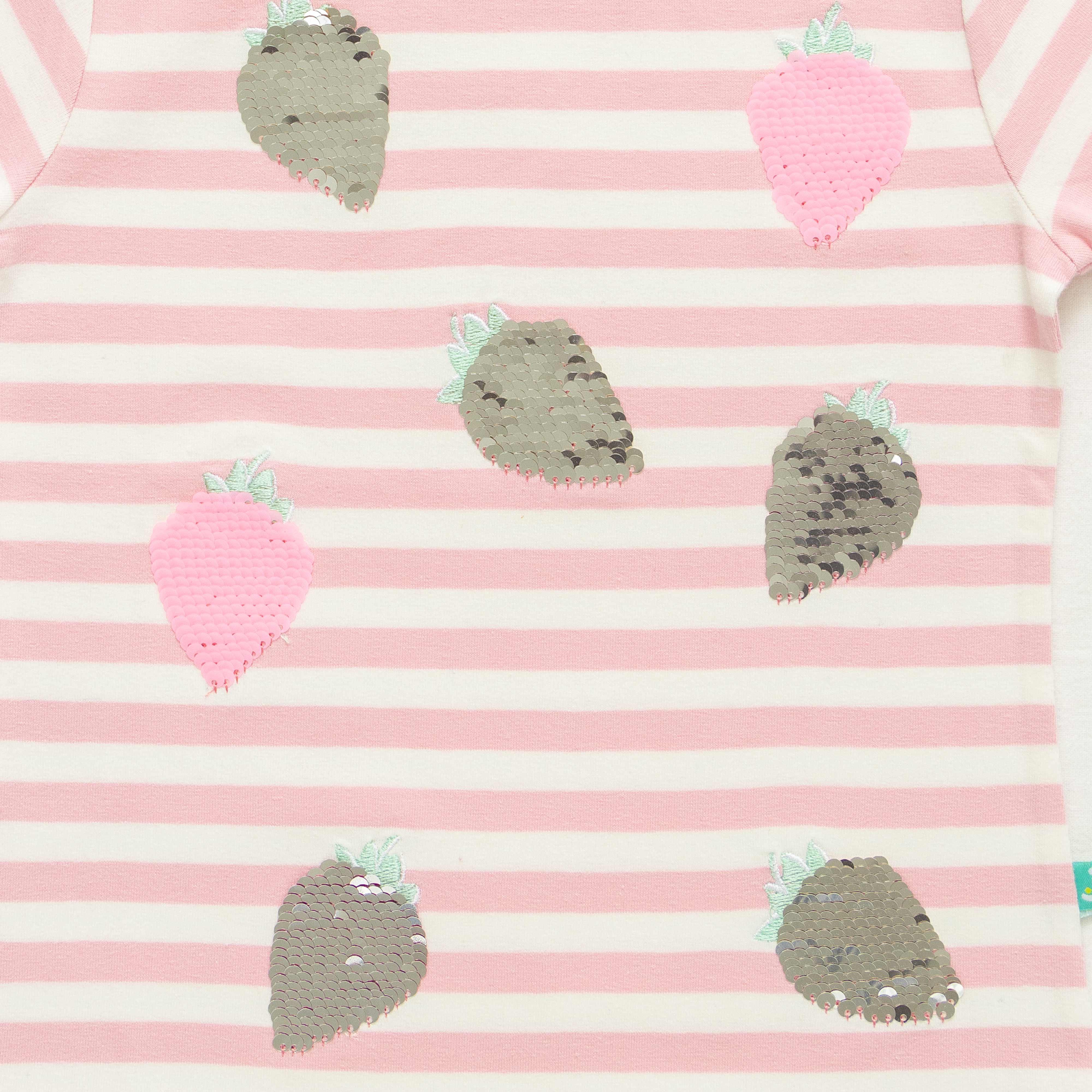 Girls Sequence All Over Strawberry Work Half sleeve Bio-Washed T-Shirt - Pink & Blue
