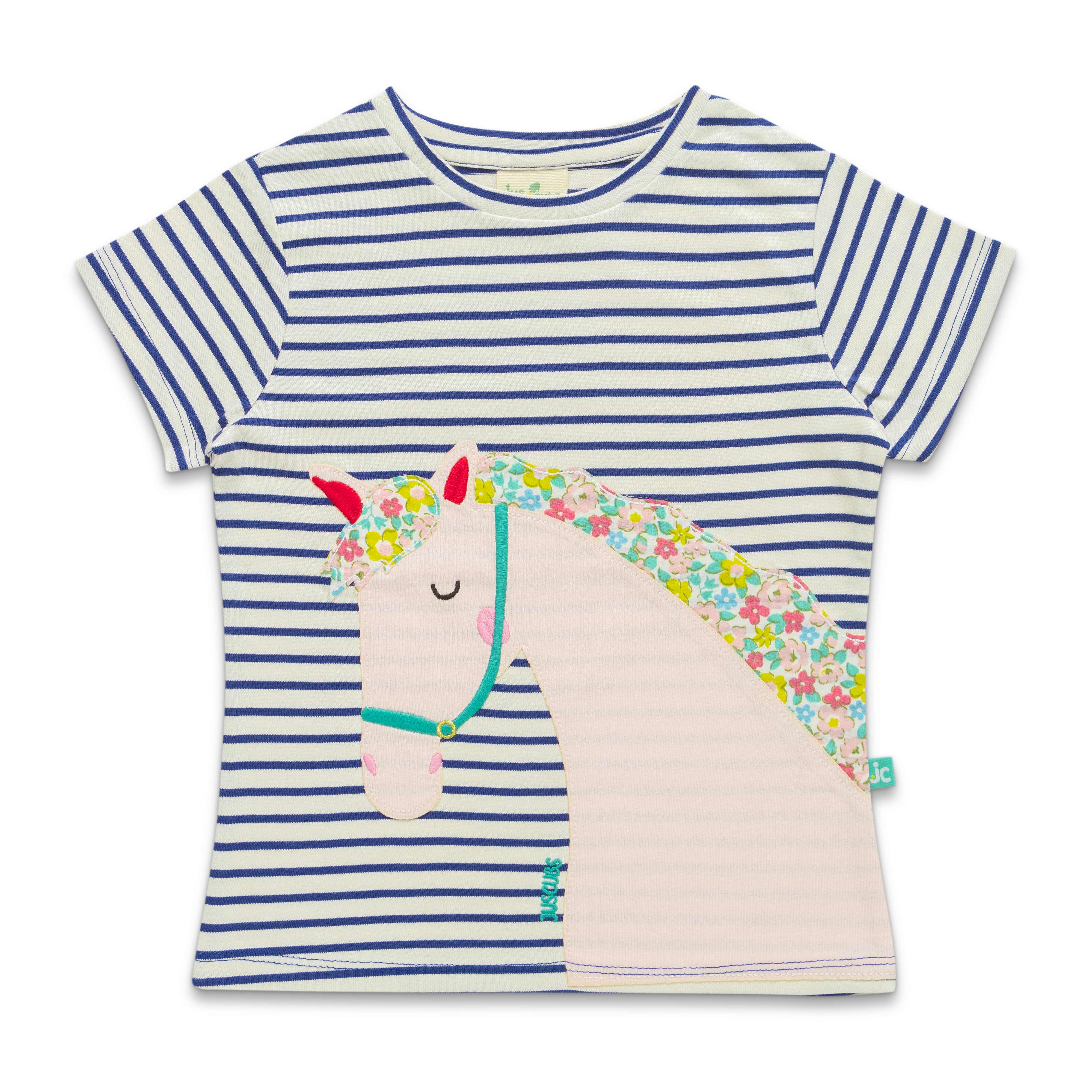 Girl Trendy Patch work Horse Bio-Washed T-shirt - Marron & Navy