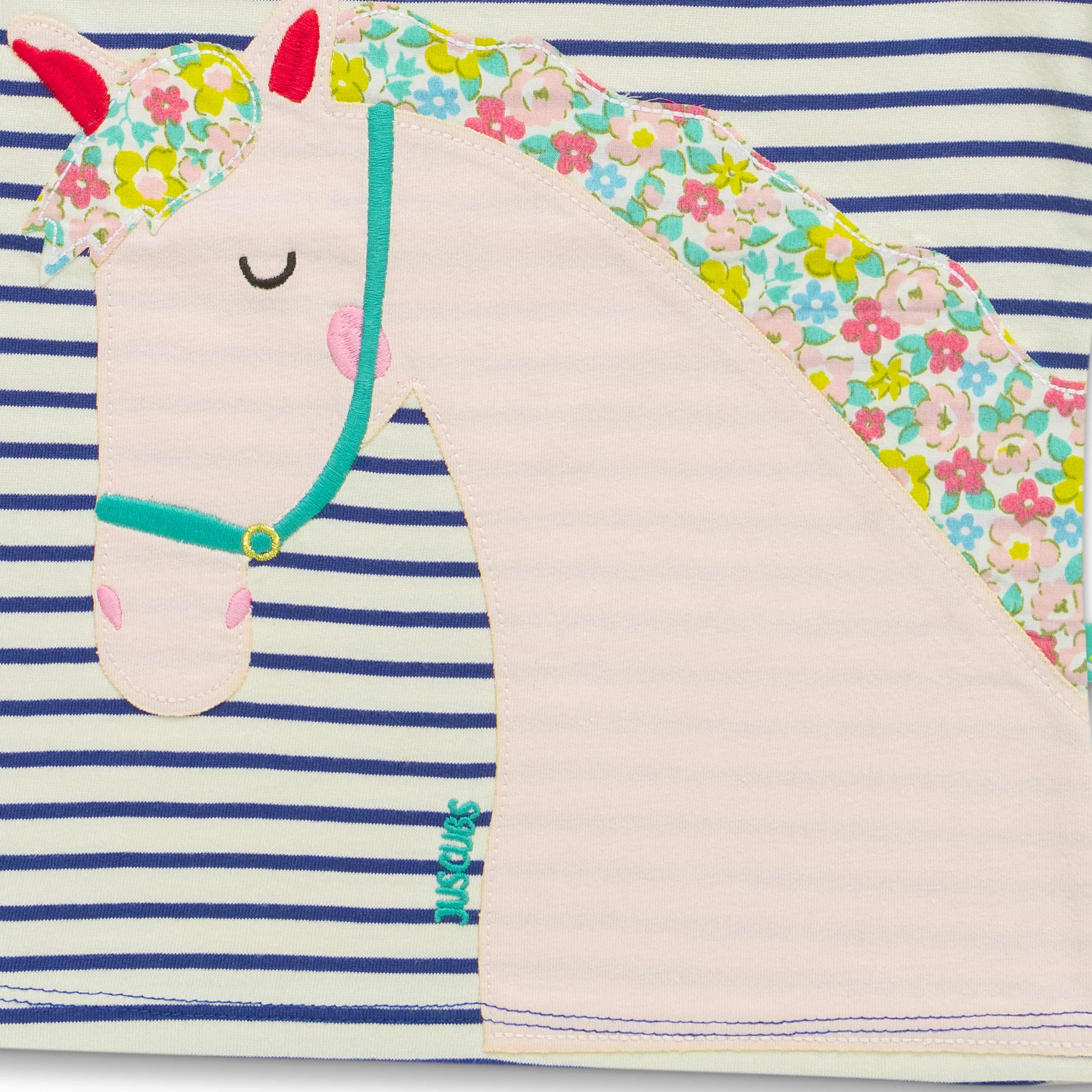 Girl Trendy Patch work Horse Bio-Washed T-shirt - Marron & Navy