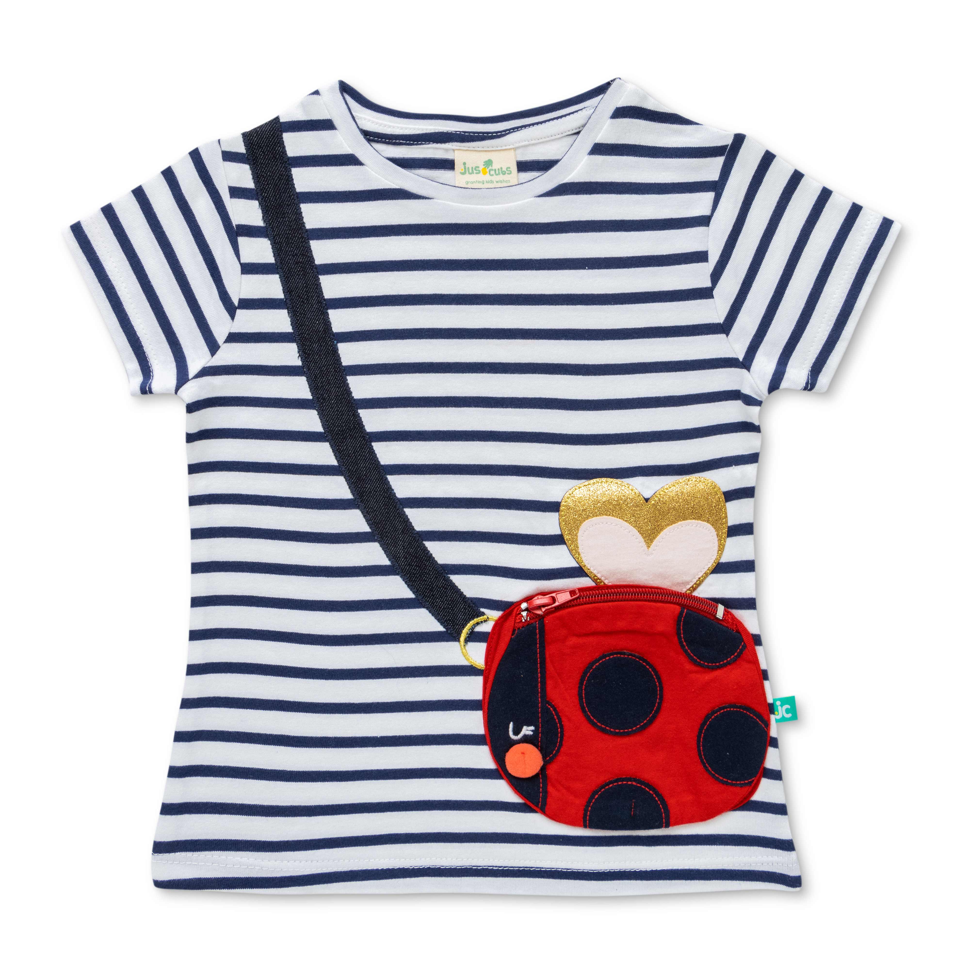 Girls Toddler Striped Round Neck Detail Cotton T-Shirt Navy
