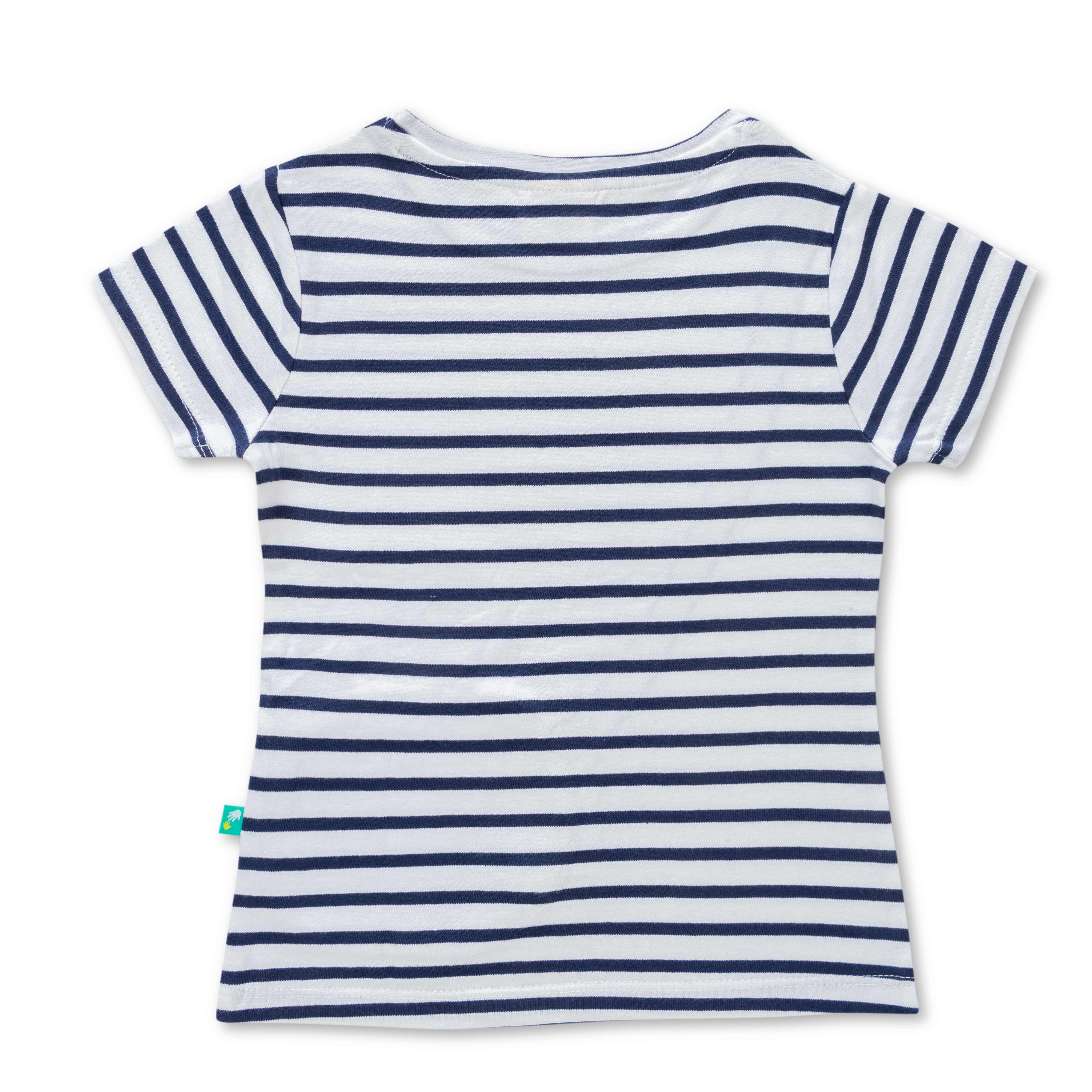 Girls Toddler Striped Round Neck Detail Cotton T-Shirt Navy