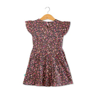 Girls Cap Sleeve All over Print Dress - Black