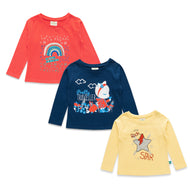 "Baby Girls' Full Sleeve Cotton T-Shirts – Pack of 3 (Rainbow, Traveller, Rock Star Prints)"