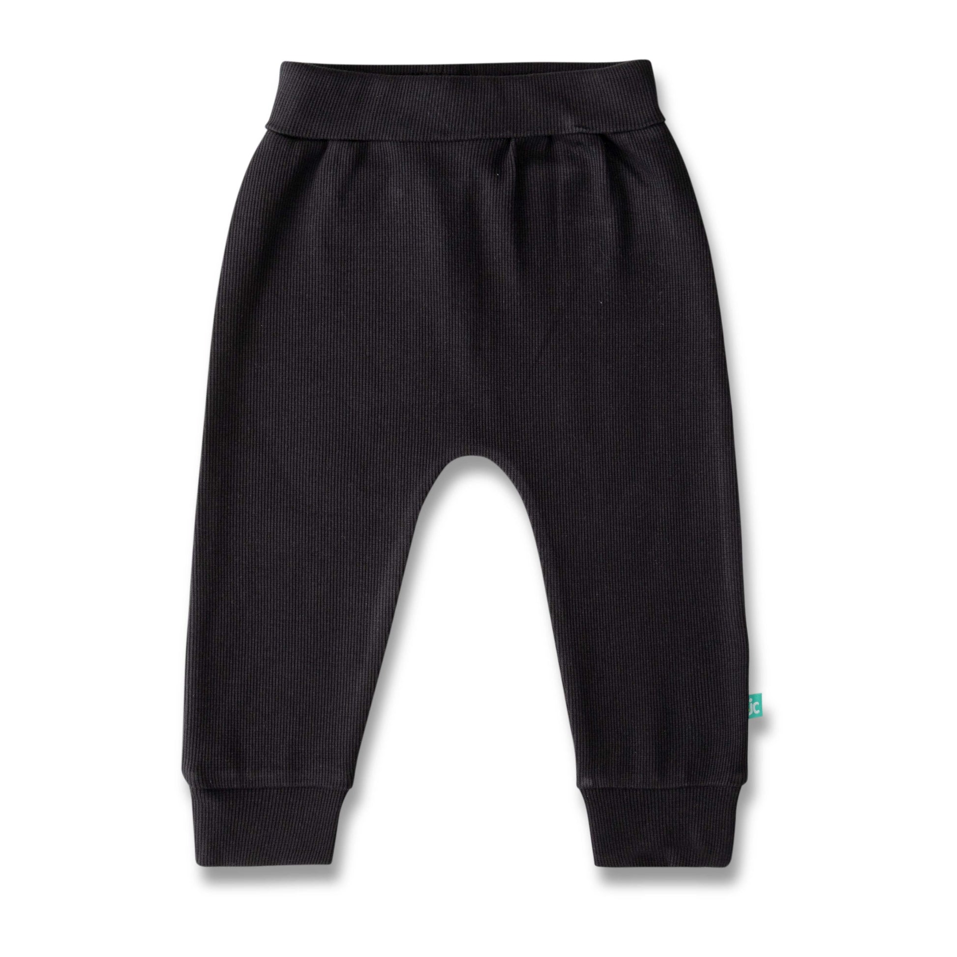 "Black Ribbed Baby Girls Joggers – Soft Cotton  Pants with Elastic Waist"