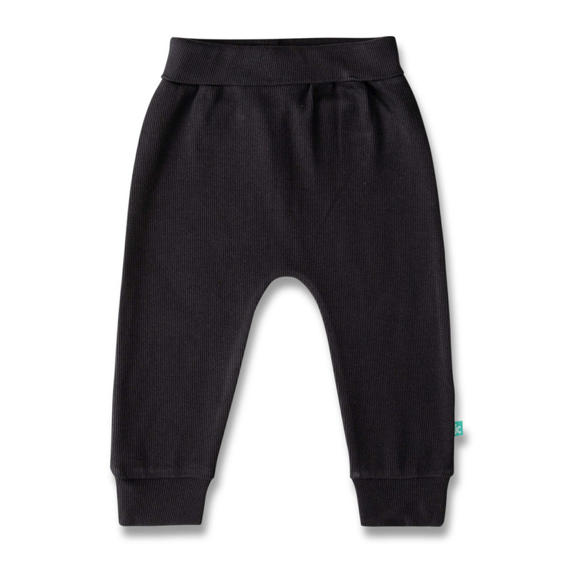 "Black Ribbed Baby Girls Joggers – Soft Cotton  Pants with Elastic Waist"