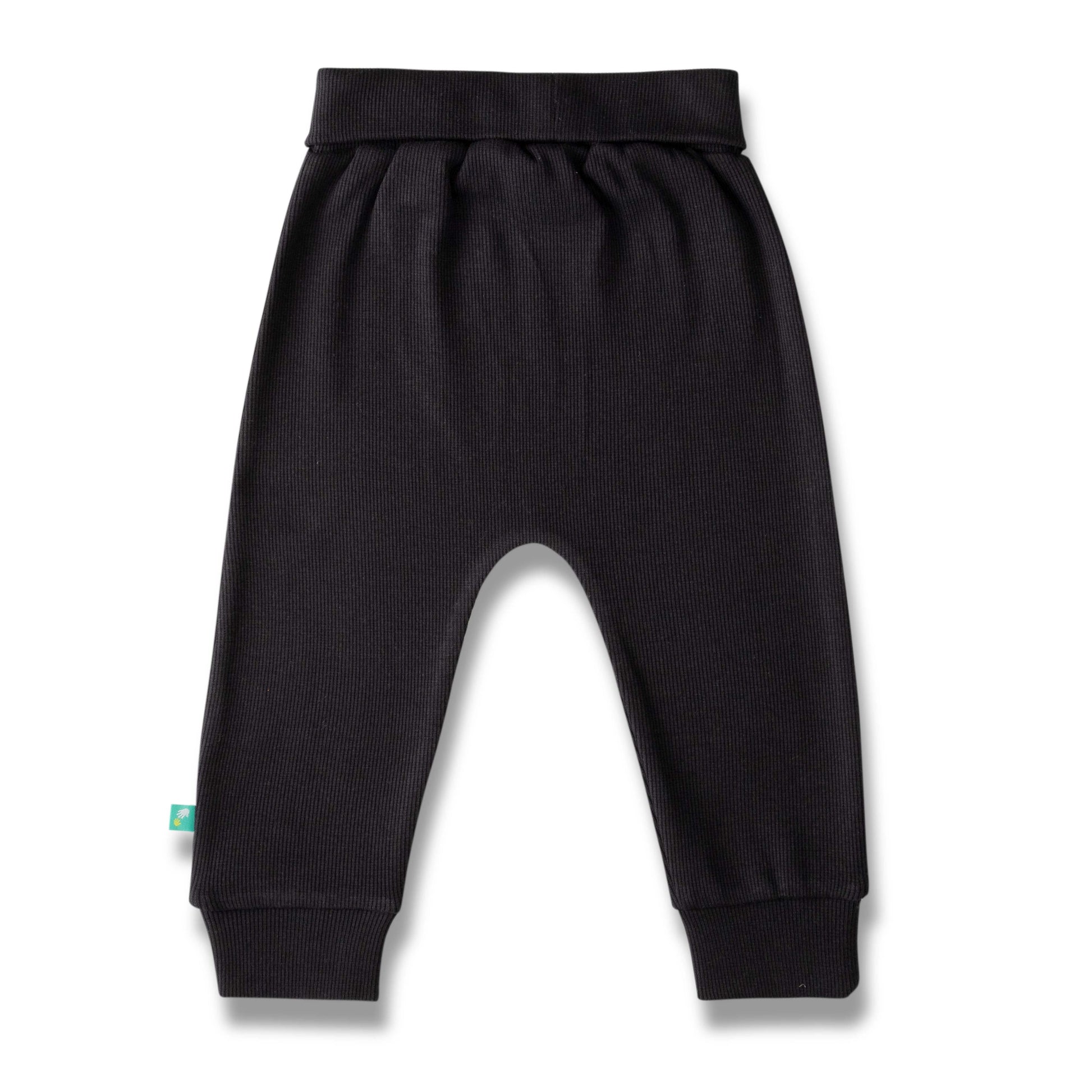 "Black Ribbed Baby Girls Joggers – Soft Cotton  Pants with Elastic Waist"