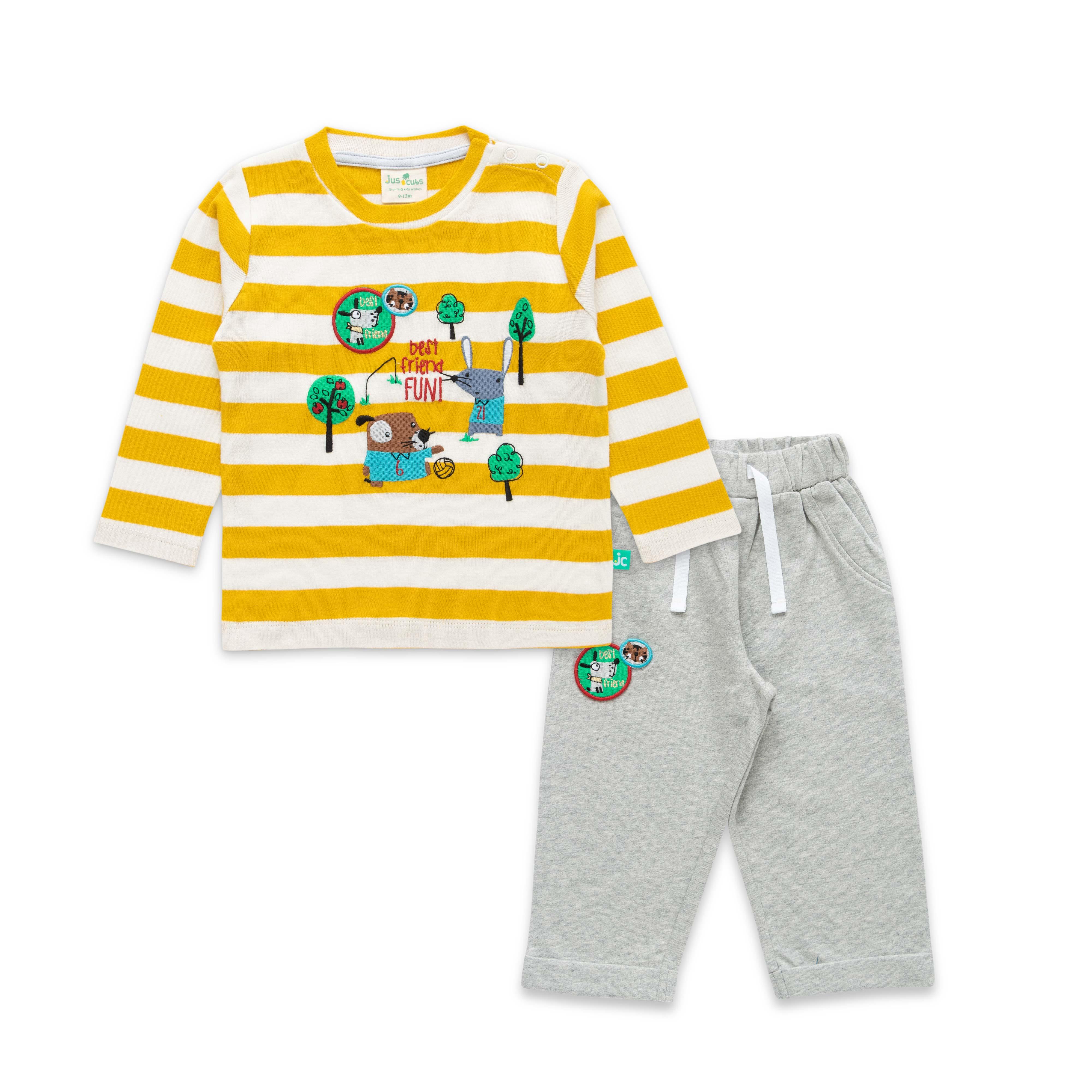 Baby Boys Striped & Graphic Printed T Shirt And Solid Jogger Pant - Juscubs