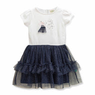 Girls' White and Navy Glitter Tulle Dress with Bunny Print