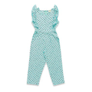 "Girls' Sleeveless Printed Jumpsuit with Ruffle Detailing – Aqua Blue"
