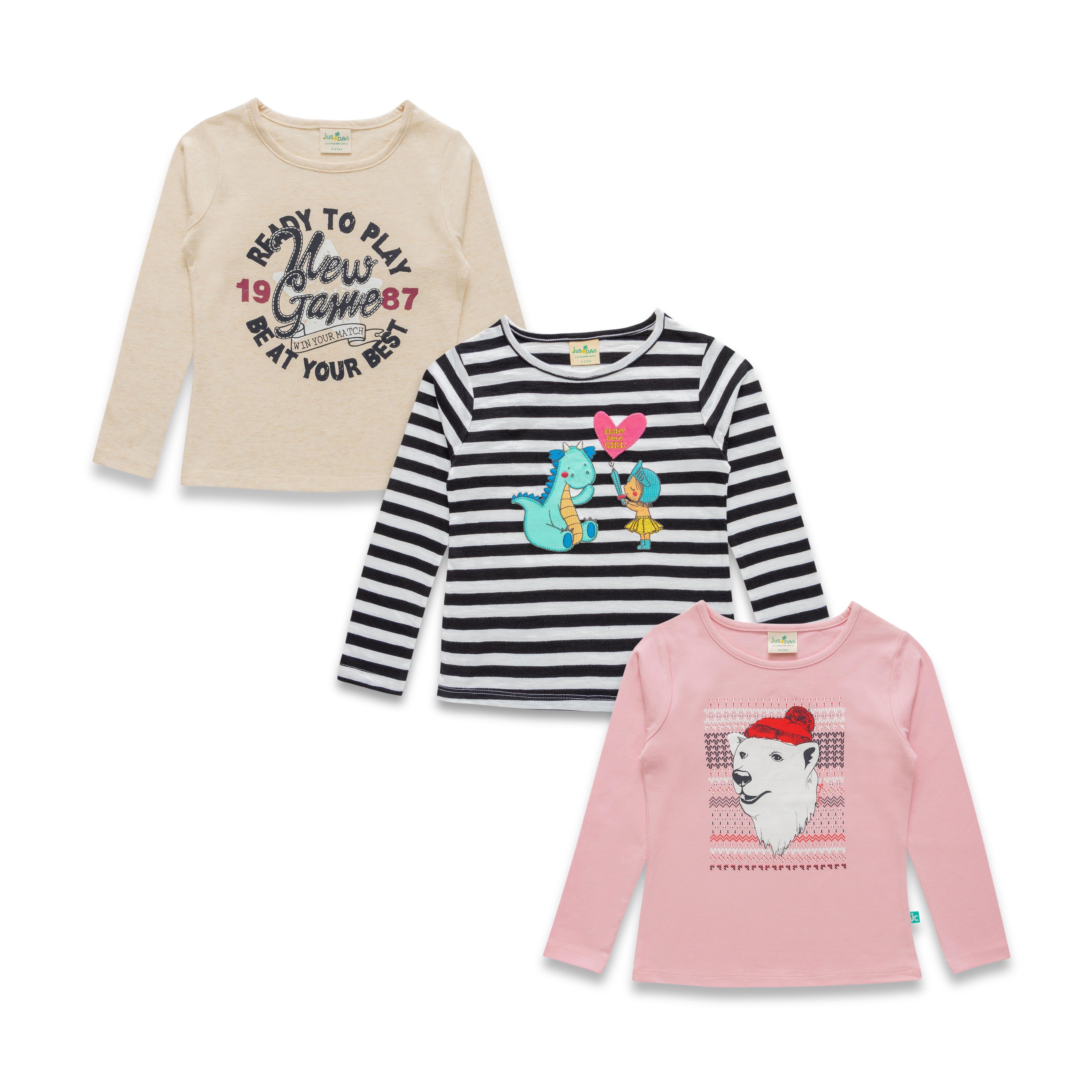 Girls Pack Of 3 Typography Printed Cotton T-shirt
