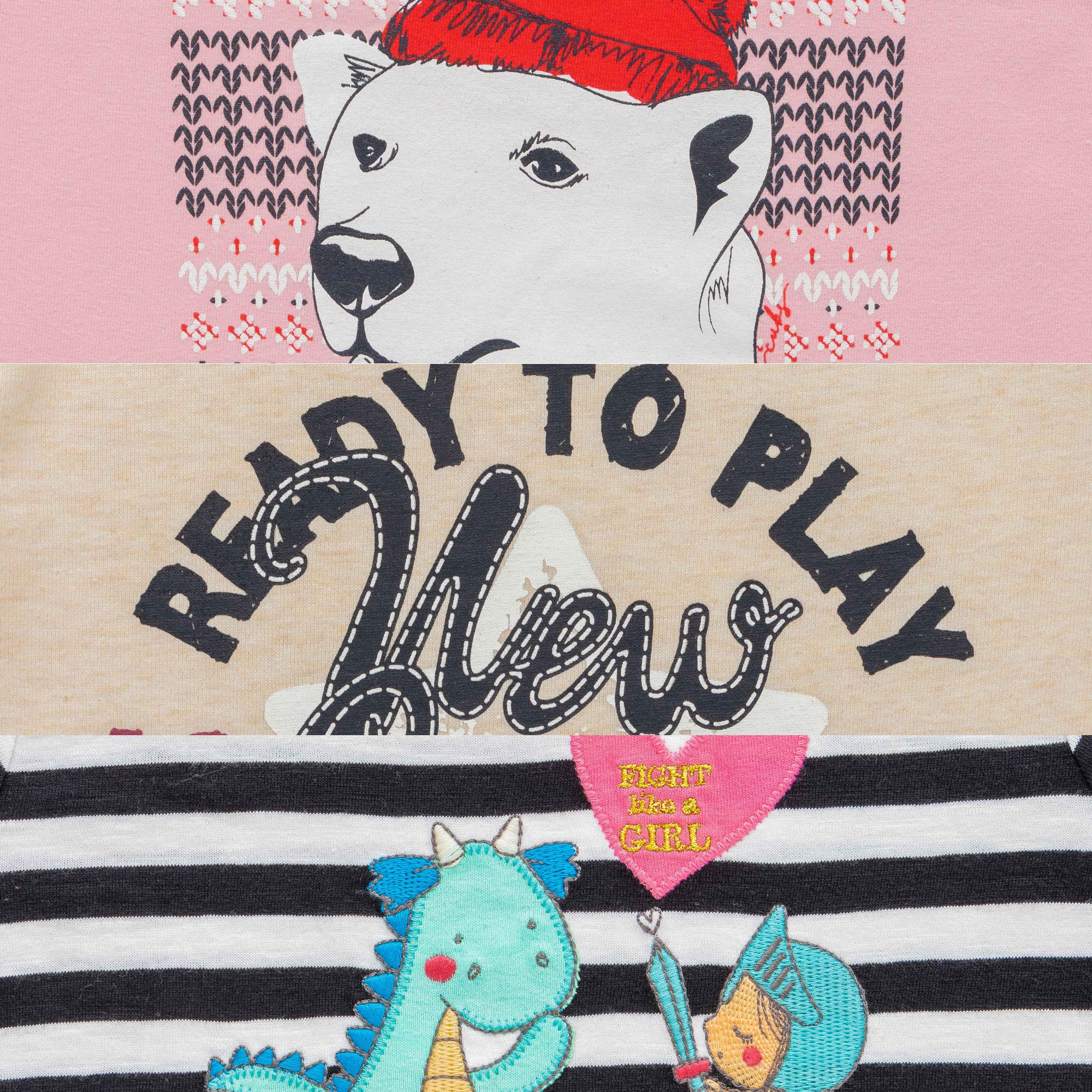 Girls Pack Of 3 Typography Printed Cotton T-shirt