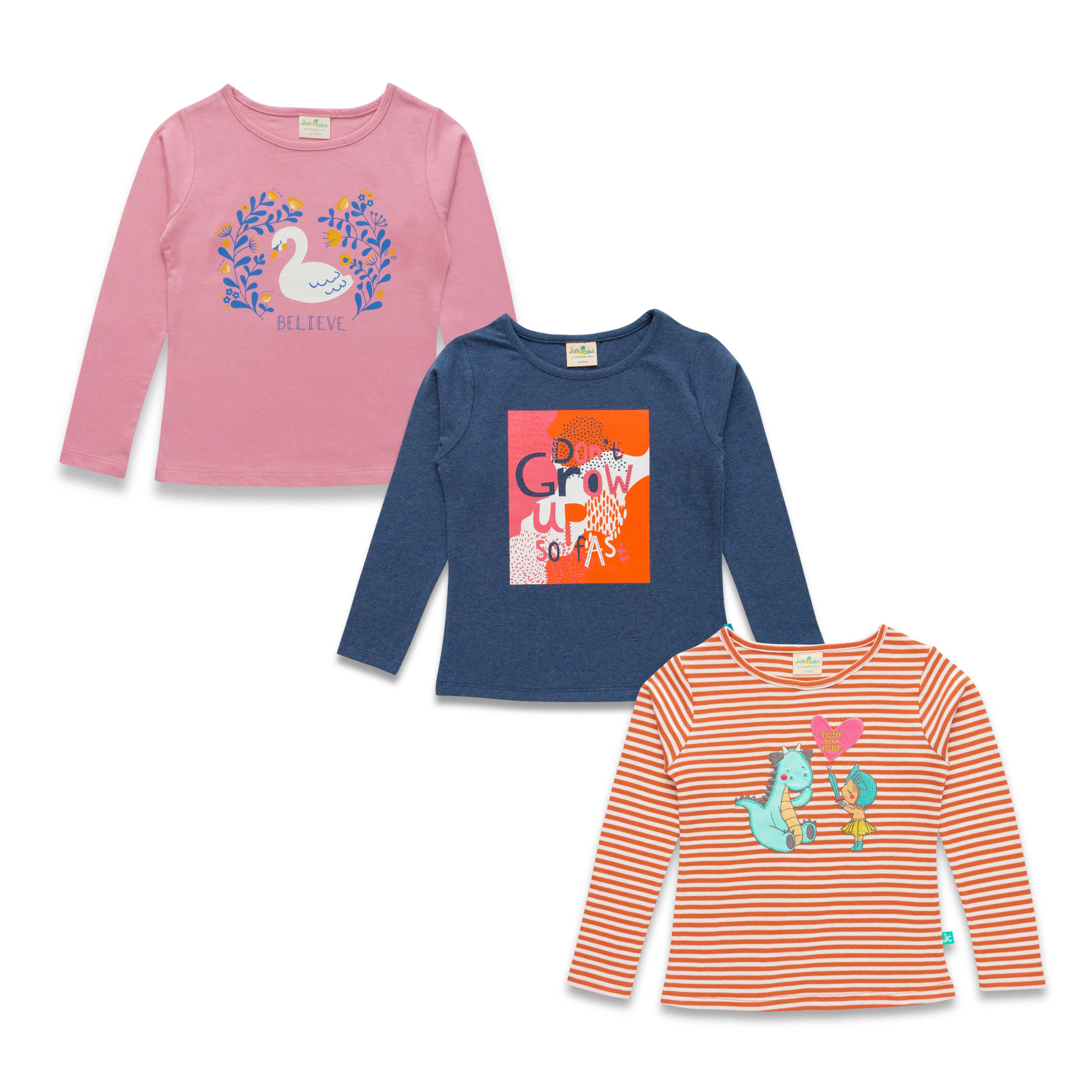 Girls Pack Of 3 Typography Printed Cotton T-shirt