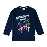 Boys' Navy Blue "Hardcore Gamer" Printed Long Sleeve T-Shirt