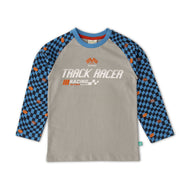 Boys' Track Racer Graphic Long-Sleeve T-Shirt with Checkered Sleeves