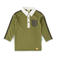 Boys' Olive Green Long Sleeve Polo T-Shirt with Contrast Collar & Pocket Detail
