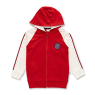 Boys' Sporty Zip-Up Hoodie - Red & White with Patch Detail