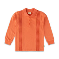 Boys' Orange Long Sleeve Polo Shirt with Houndstooth Panel Design"