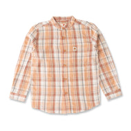 Boy's Mandarin Collar Plaid Shirt – Beige & White Checkered
