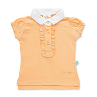 "Girls' Orange Polo T-Shirt with Ruffled Button Placket & White Collar"