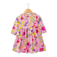 Girls' Long Sleeve Floral Print Dress in Pink with Bow Detail
