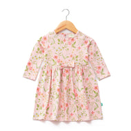 Girls' Long Sleeve Pastel Pink Floral Dress with Bow Detail